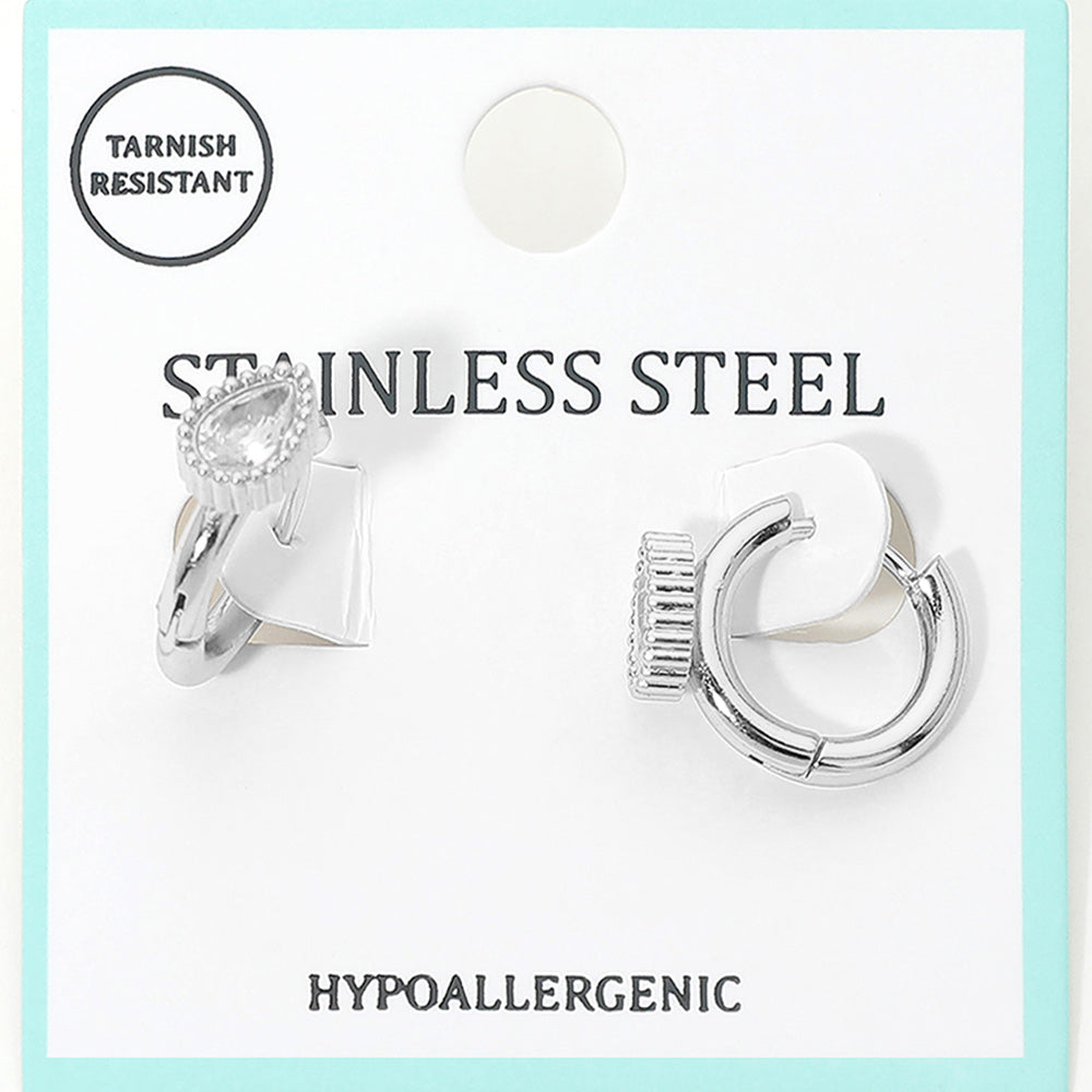 Stainless Steel Teardrop Stone Accent Mini Huggie Hoop Earrings