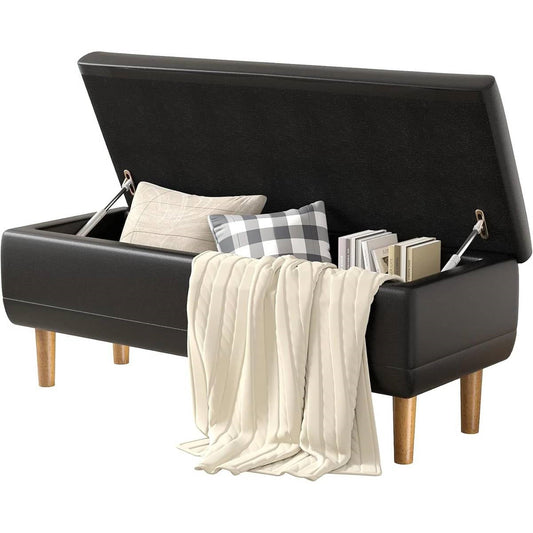 Modern Mid-Century Black Faux Leather End of Bed Storage Bench Ottoman-0