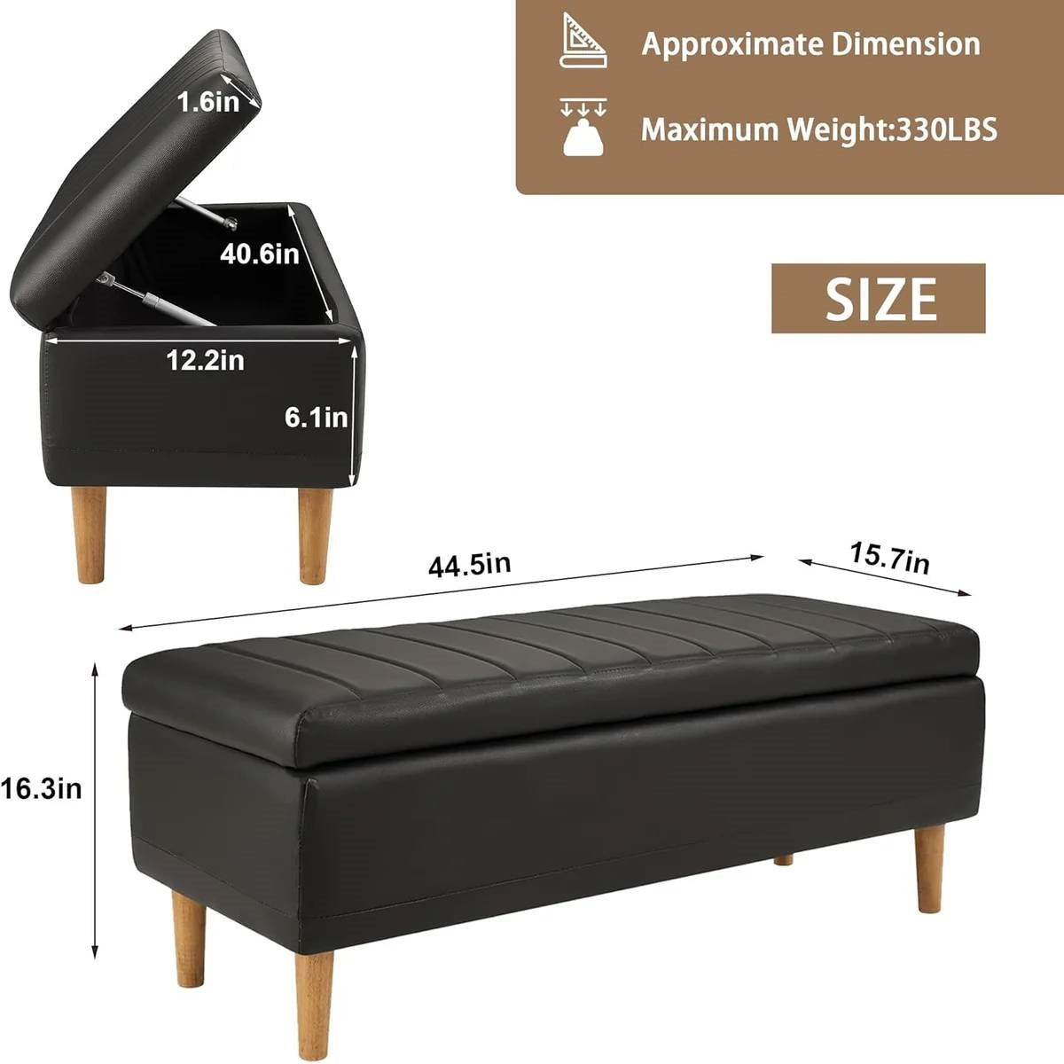 Modern Mid-Century Black Faux Leather End of Bed Storage Bench Ottoman-4