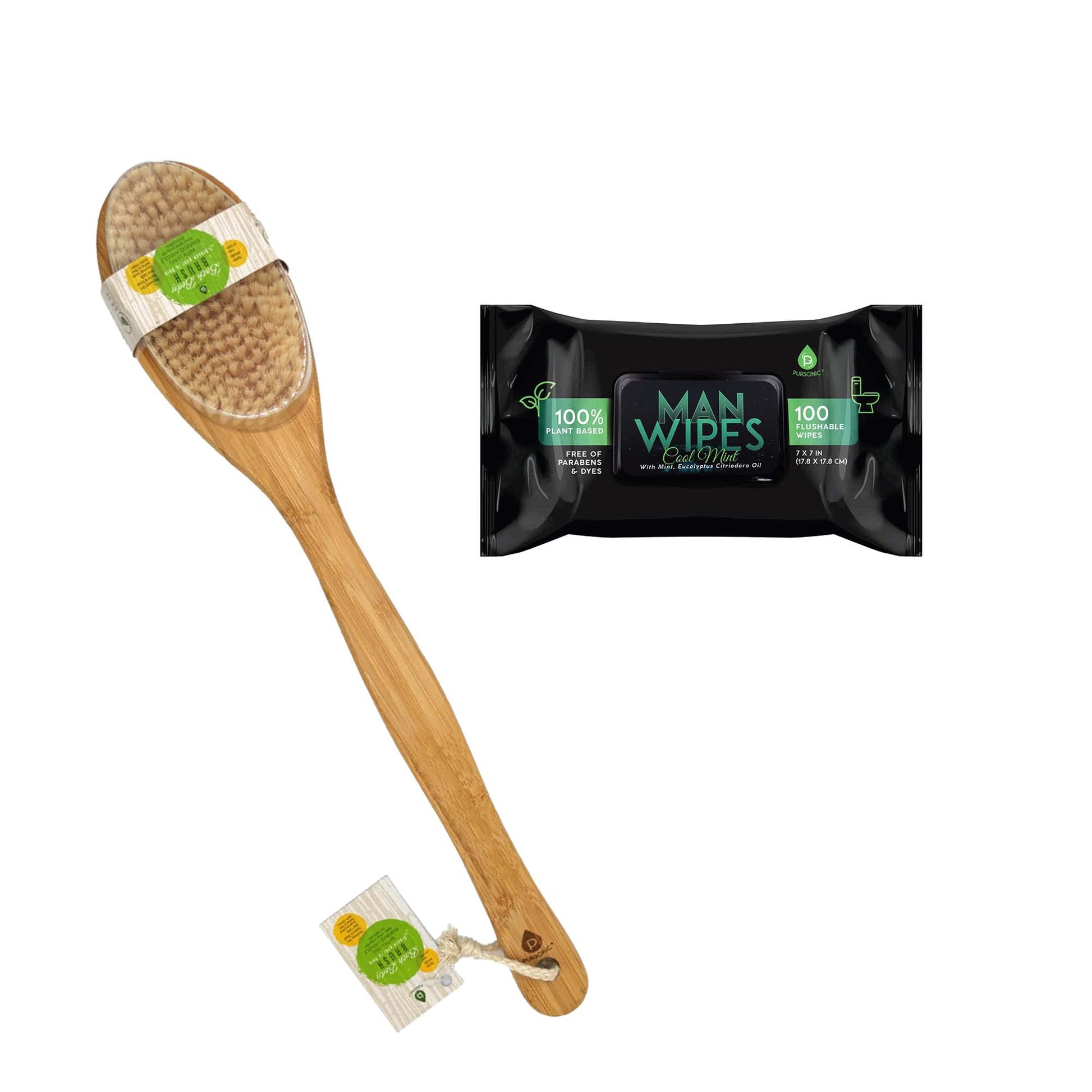 Clean & Refresh Bundle: 1200 Flushable Man Wipes (Mint Scented) - 12 Pack + Bath Body Brush With Long Bamboo Handle-0