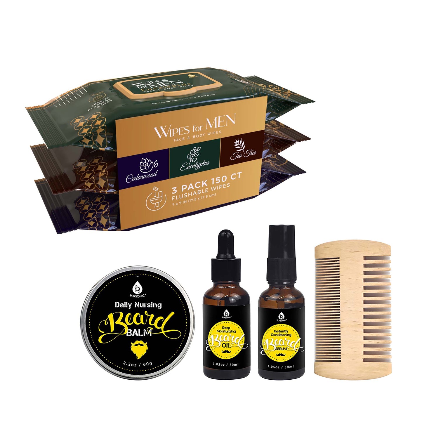 Men’s Grooming Essentials Bundle – Assorted Face & Body Wipes (3-Pack, Cedarwood, Tea Tree, Eucalyptus) + Pursonic Beard Care Grooming Kit-0