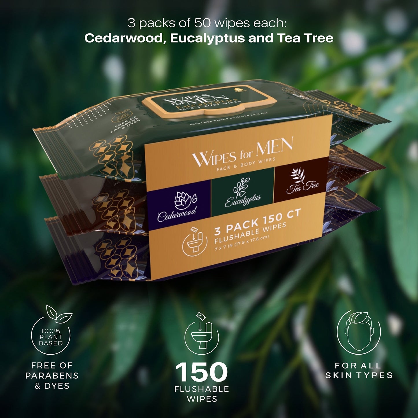 Men's Assorted Face and Body Wipes – Cedarwood, Tea Tree, and Eucalyptus (3-Pack, 150 Wipes)-2