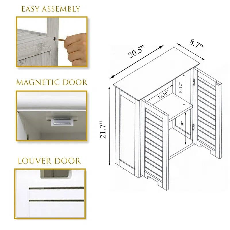 Wall-Mount Bathroom Storage Cabinet with Louver Doors in White Wood Finish-3