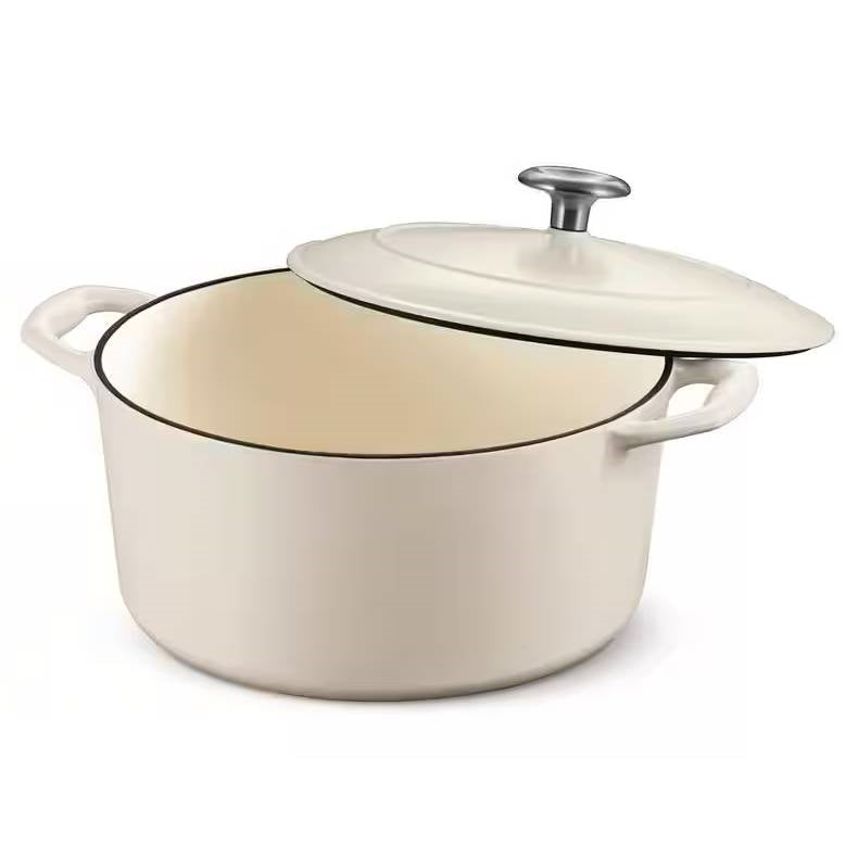 Round 5.5 Quart White Beige Enameled Oven Safe Cast Iron Dutch Oven with Lid-0