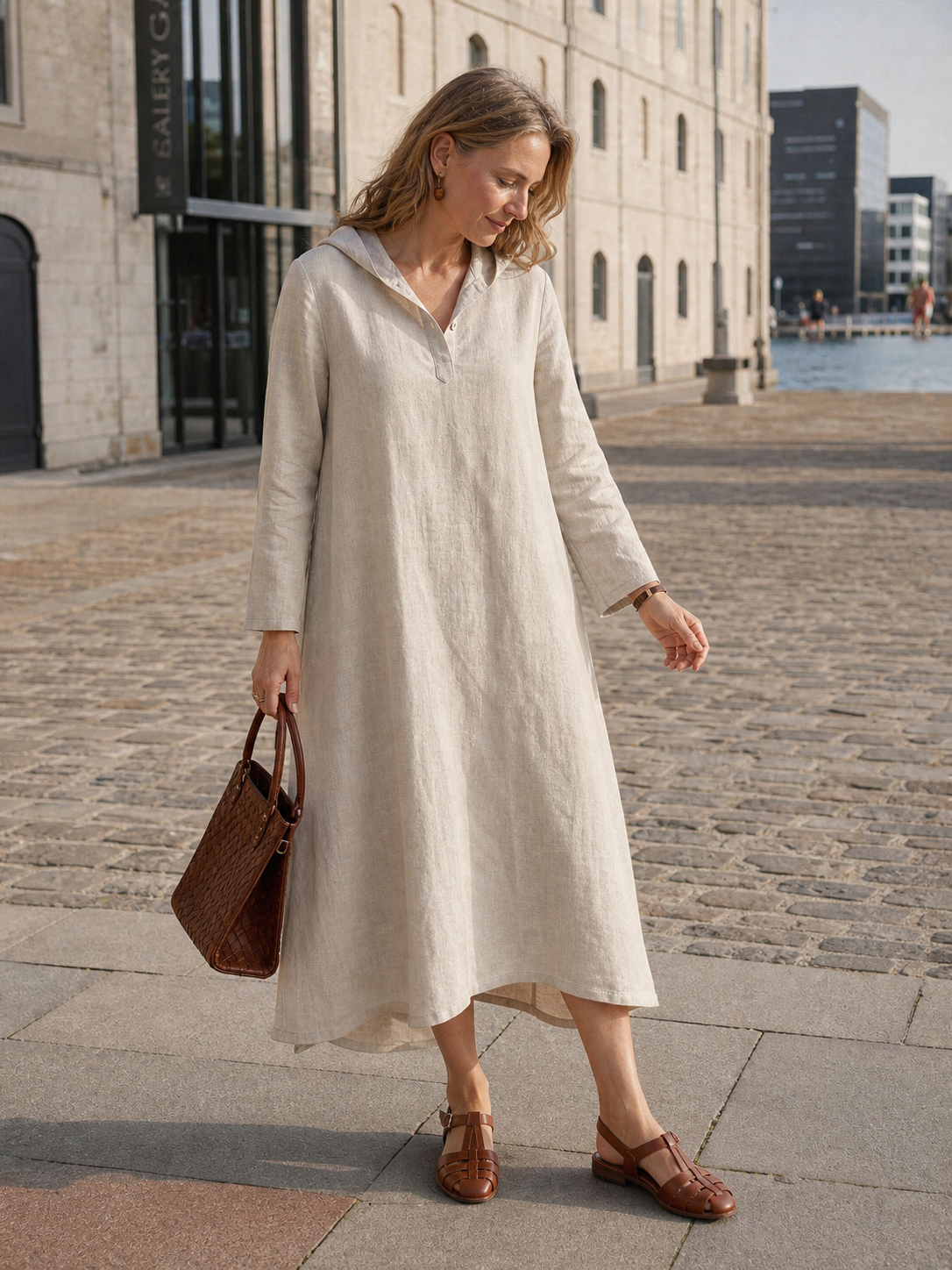 100% Linen Hooded Pullover Midi Dress REBECCA