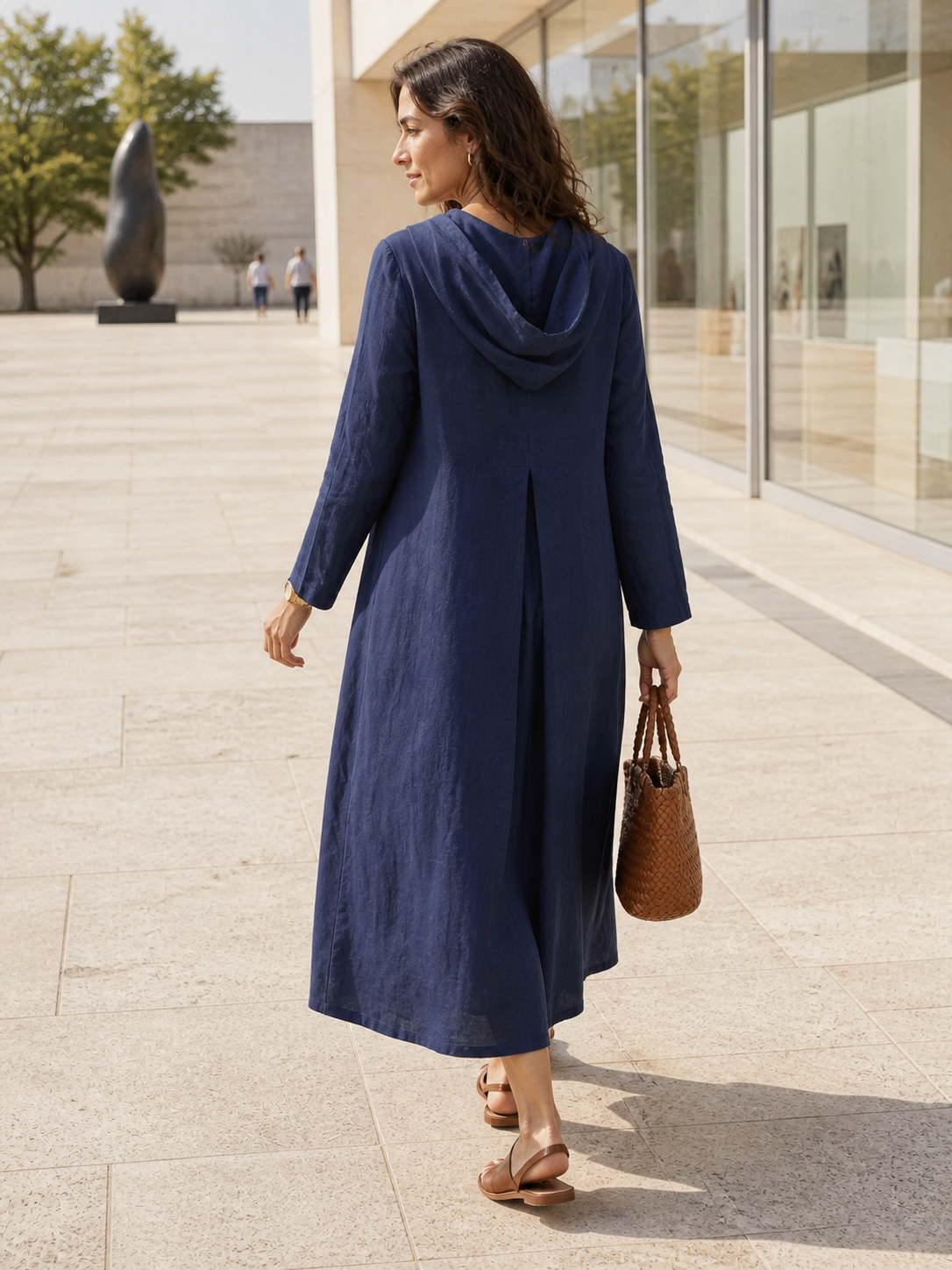 100% Linen Hooded Pullover Midi Dress REBECCA