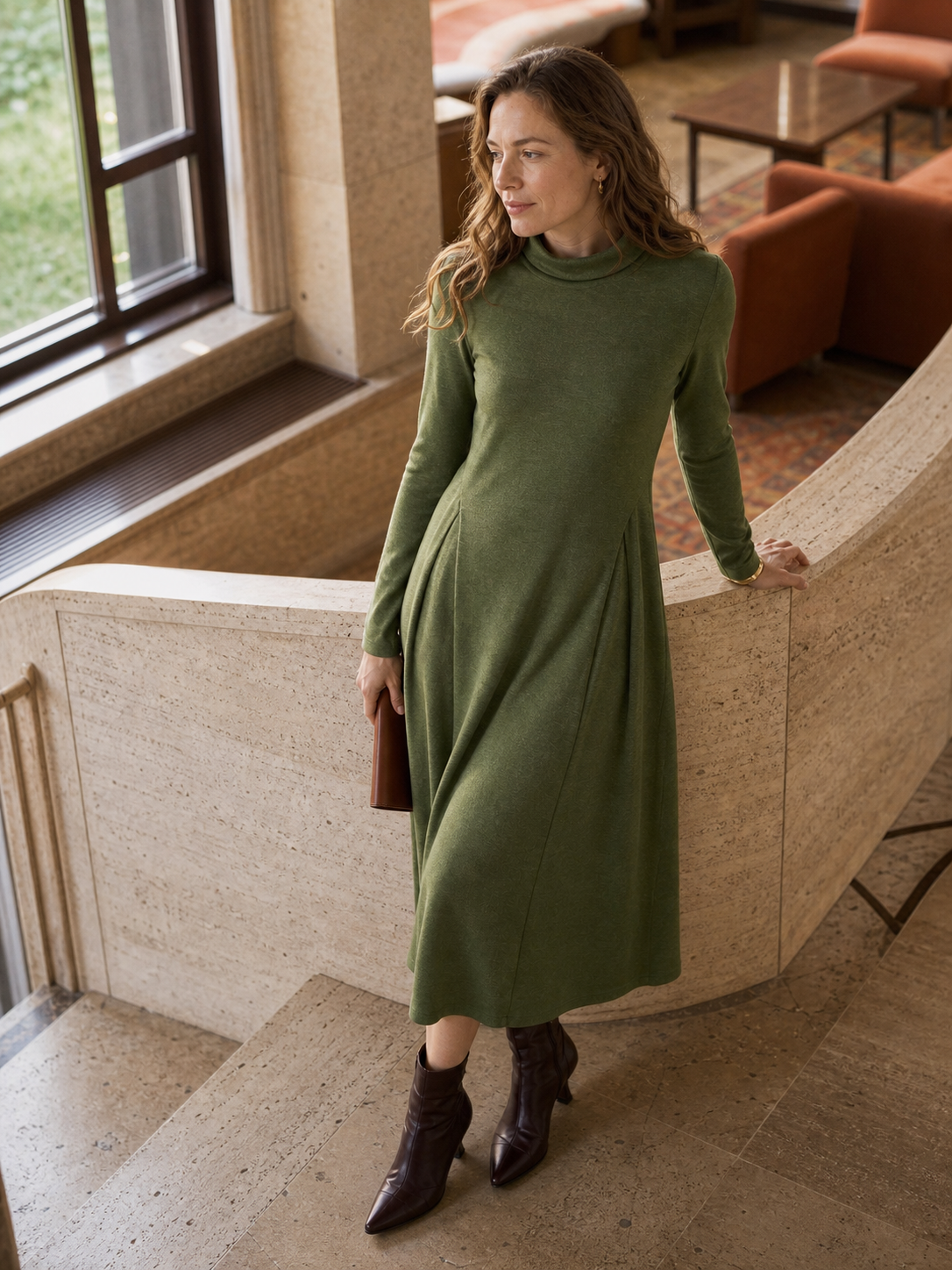 Wool Sculpted Pleats Turtleneck Midi Dress BRIAR