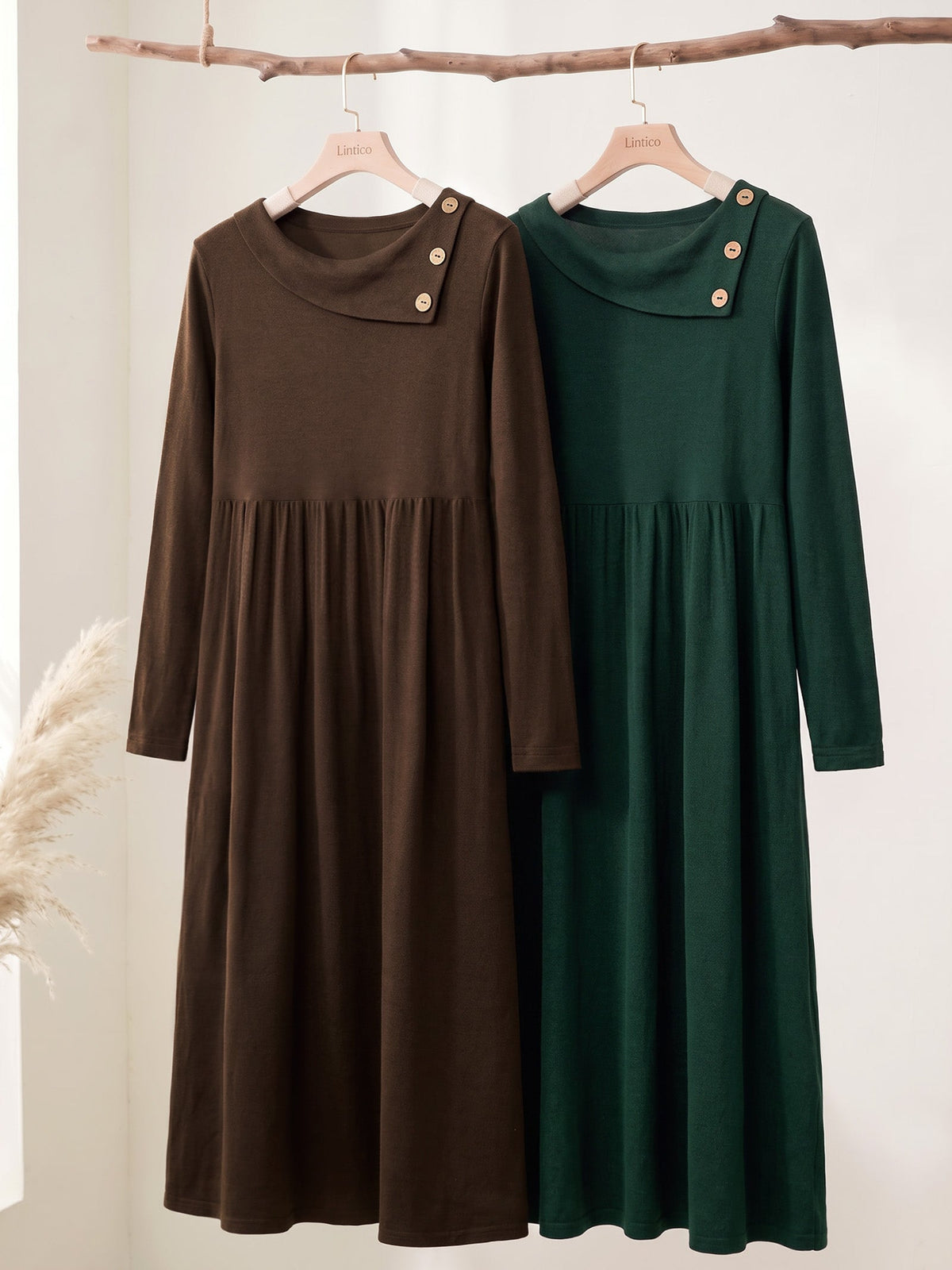 Wool Layered Neck Pleated Midi Dress BILLIE