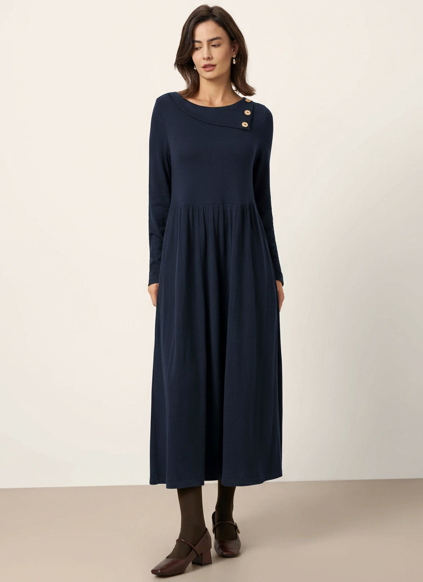 Wool Layered Neck Pleated Midi Dress BILLIE