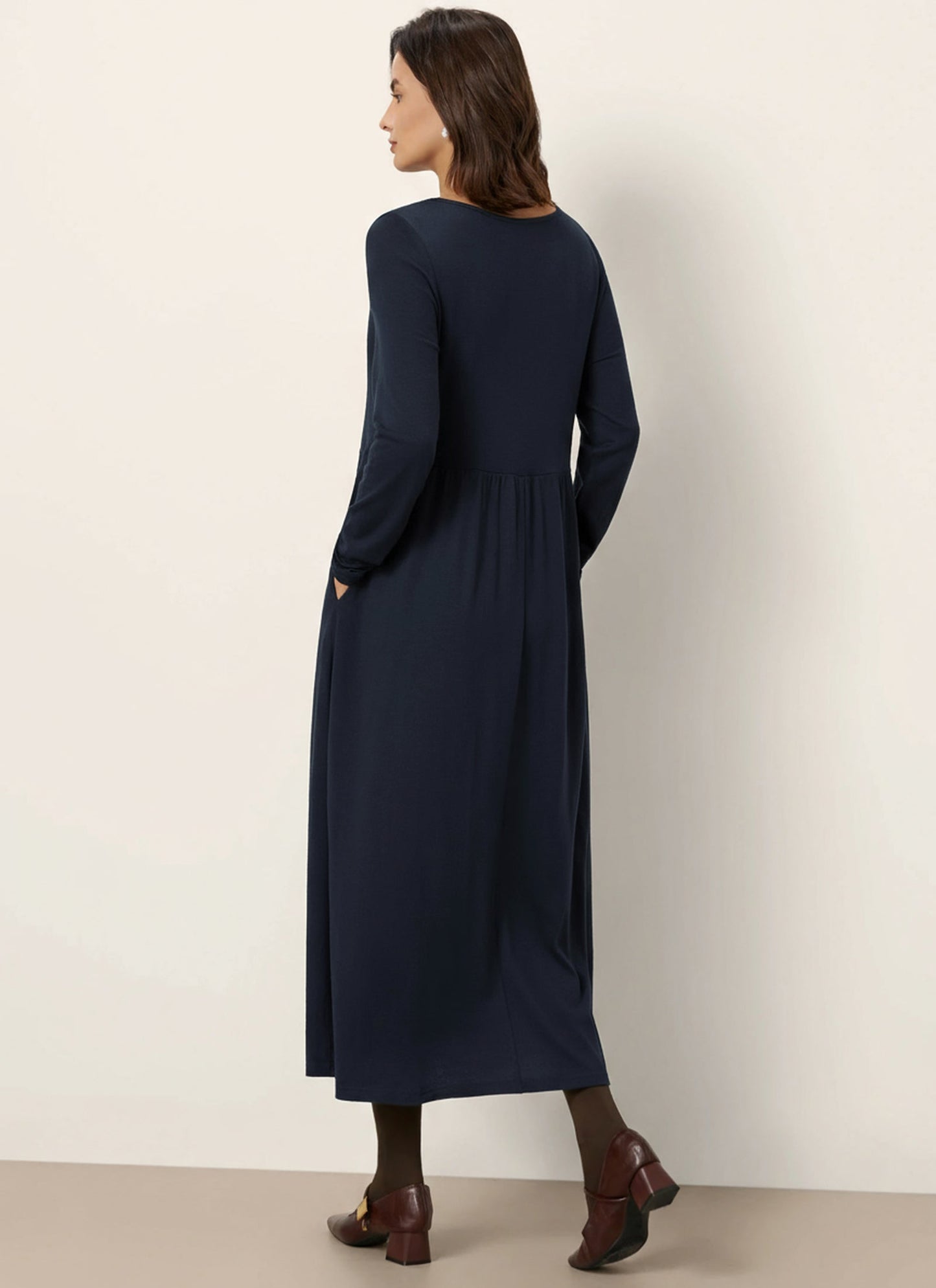 Wool Layered Neck Pleated Midi Dress BILLIE