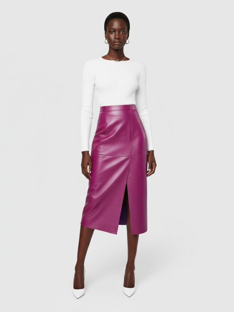 Magenta Vegan Leather Midi Pencil Skirt BLEECKER: New Colección COUTURE in NOLITA - BYMANYC ® New York-0