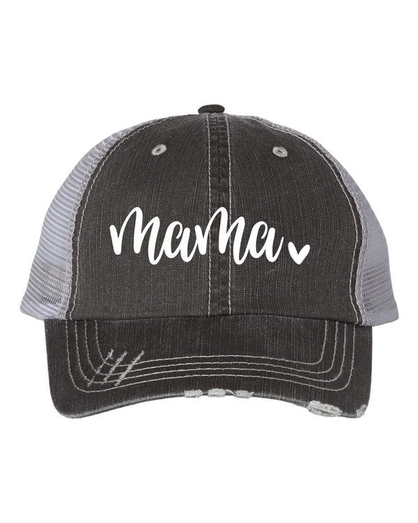 Black and gray cap with 'mama' text on a white background