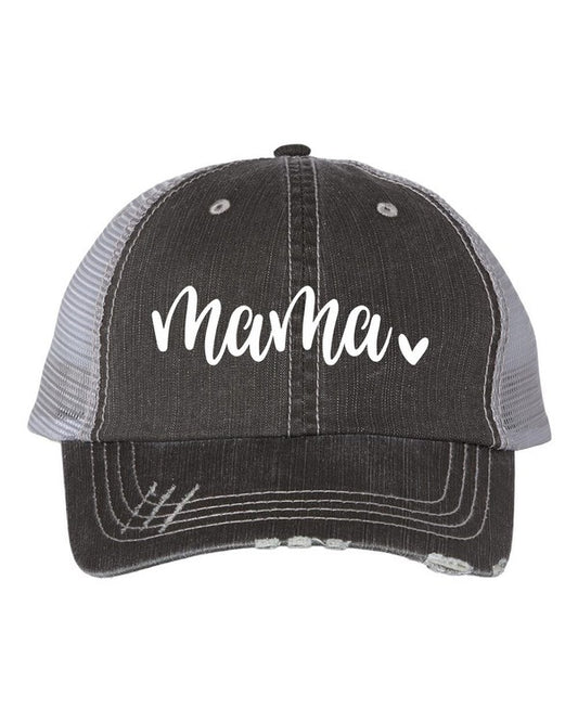 Black and gray cap with 'mama' text on a white background