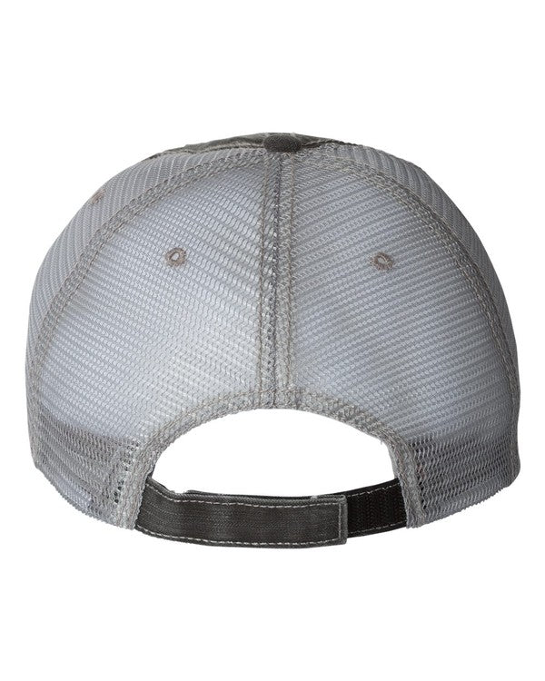 Gray mesh trucker hat shown from the back with a breathable mesh design, adjustable snapback closure, and curved brim. Rear view of the Mama with Heart embroidered women's cap.