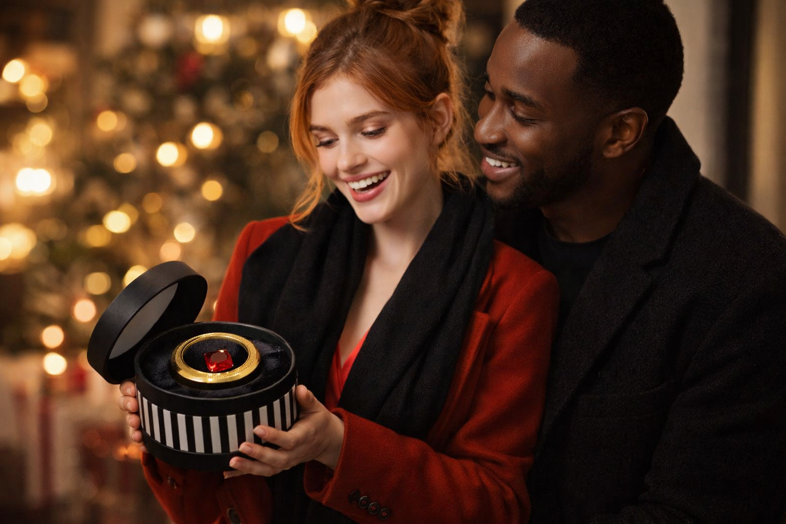 Man and woman looking at a gift box together with a Christmas tree in the background with a giant ruby and gold container inside of a black and white striped hatbox