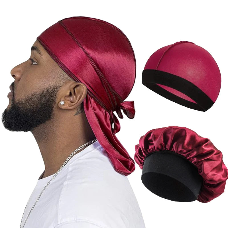 Man wearing a red satin durag with close-up images of the product on a white background. Man wearing a burgundy satin bonnet with close-up insets on a white background. Man wearing a burgundy durag with additional durags displayed on a white background. burgundy satin hair wrap on a man with a white background. burgundy mens bonnet headtie in burgundy 3 piece 3 pc durag, satin durag, silky durag, men durag, wave cap, pirate durag, long tail durag, unisex durag, bonnet set, satin bonnet, headwrap, turban cap