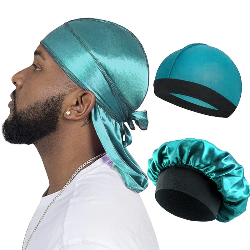 Man wearing a teal satin bonnet with close-up insets on a white background. Man wearing a blue teal durag with additional durags displayed on a white background. teal satin hair wrap on a man with a white background. teal mens bonnet headtie in blue teal 3 piece 3 pc durag, satin durag, silky durag, men durag, wave cap, pirate durag, long tail durag, unisex durag, bonnet set, satin bonnet, headwrap, turban cap, wig cap, hair care, sleep cap, compression cap, wave brush style, streetwear accessory, durag