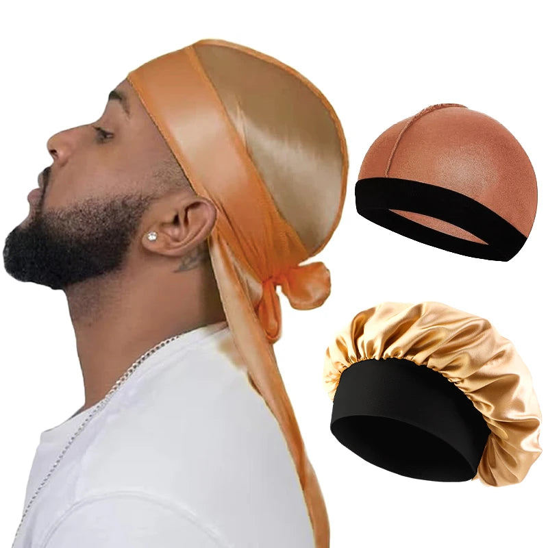 Man wearing an orange satin bonnet with additional bonnets shown on a white background. orange satin hair bonnet and durag set with a man wearing the bonnet. Man wearing a orange satin durag with close-up images of the product on a white background. Man wearing a orange satin bonnet with close-up insets on a white background. Man wearing a purple durag with additional durags displayed on a white background. orange satin hair wrap on a man with a white background. orange mens bonnet headtie in purple 3 piece