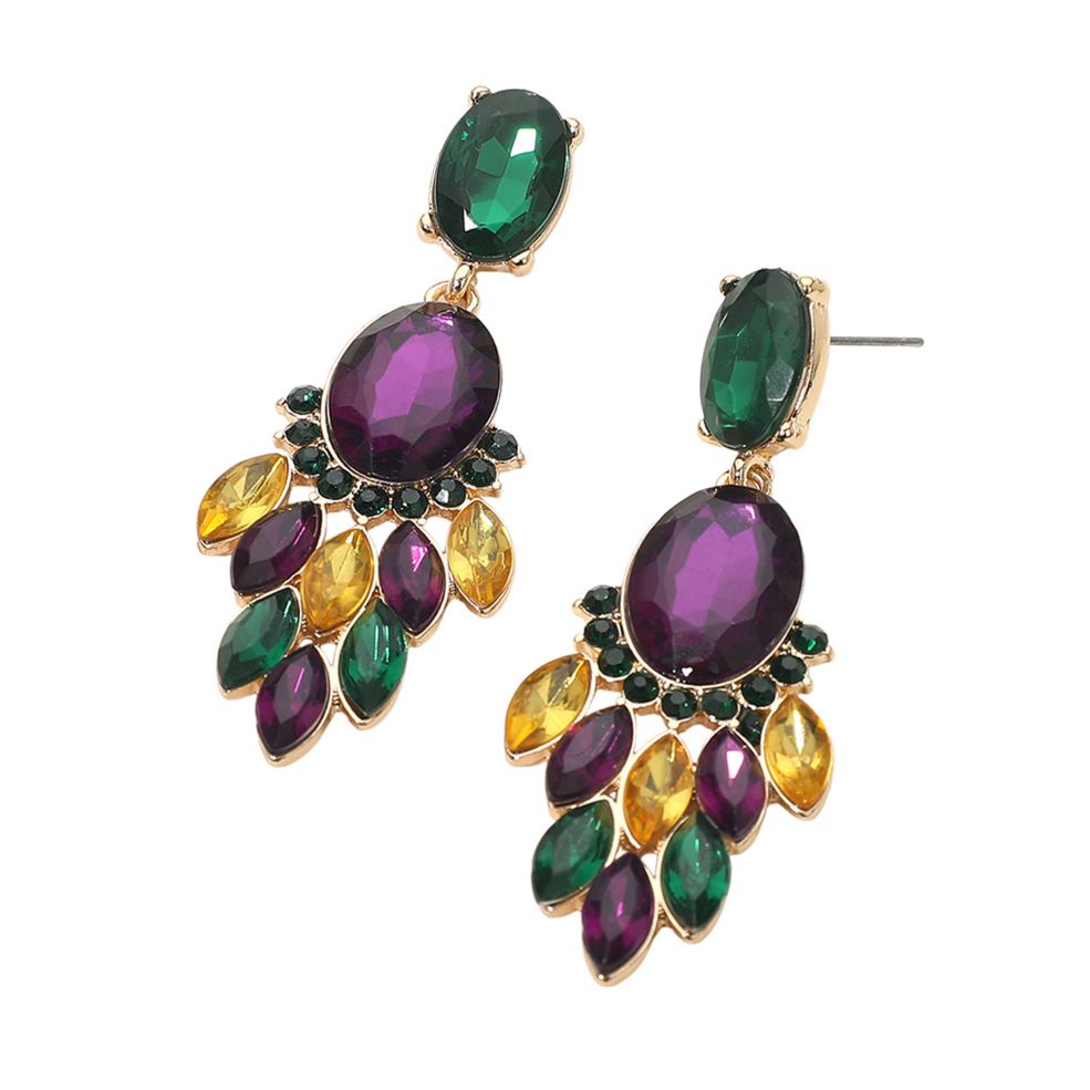 Mardi Gras Oval Stone Center Marquise Stone Cluster Link Drop Evening Earrings