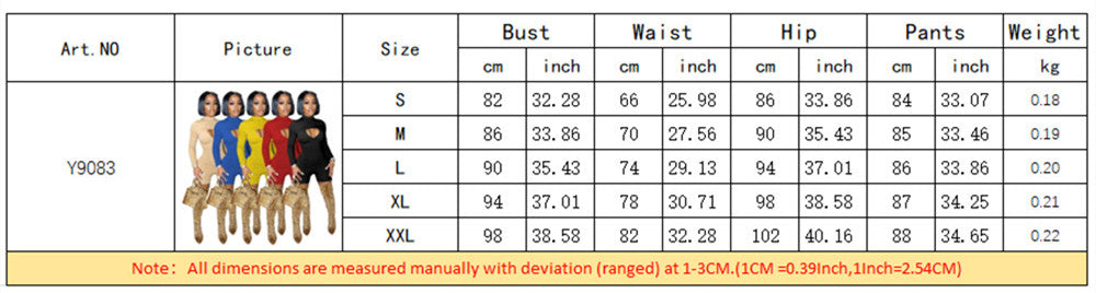 Measurement chart for clothing sizes with dimensions in centimeters and inches.