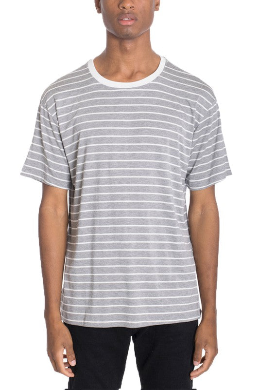 Stripes never go out of style—and this Short Sleeve Striped T-Shirt proves it. Crafted from a breathable 95% polyester and 5% spandex blend, it delivers comfort with just the right amount of stretch. The solid collar keeps things polished while the regular fit works for everyday wear. Whether you're dressing it up or keeping it casual, this imported essential pairs with everything in your wardrobe.

Men's Striped T-Shirt