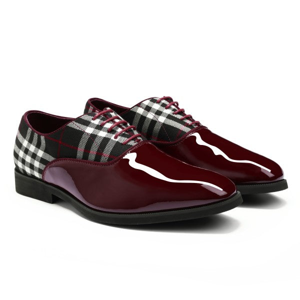 Men's Plaid Pointed Toe Patchwork Oxfords Shoes shiny black oxford shoes for men blood red plaid view black and white dress shoes for men burgundy