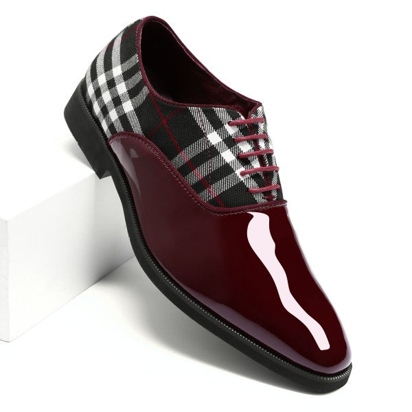 Men's Plaid Pointed Toe Patchwork Oxfords Shoes shiny black oxford shoes for men blood red plaid view black and white dress shoes for men burgundy