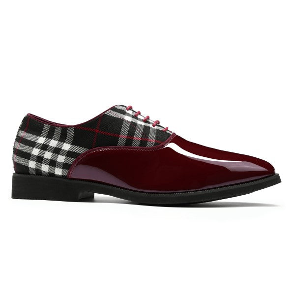 Men's Plaid Pointed Toe Patchwork Oxfords Shoes shiny black oxford shoes for men blood red plaid view black and white dress shoes for men burgundy