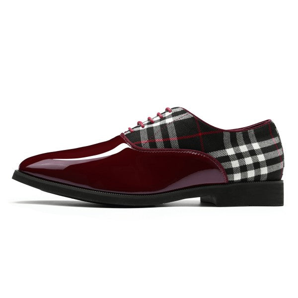 Men's Plaid Pointed Toe Patchwork Oxfords Shoes shiny black oxford shoes for men blood red plaid view black and white dress shoes for men burgundy