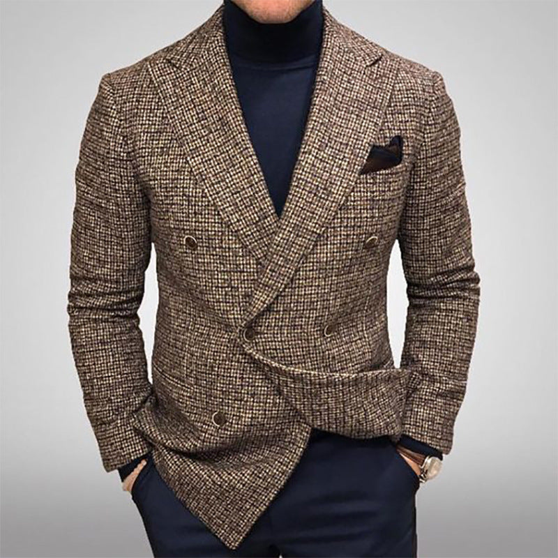 Mens Brown checkered blazer worn by a person on a tan background tan textured peacoat on a light gray background for men