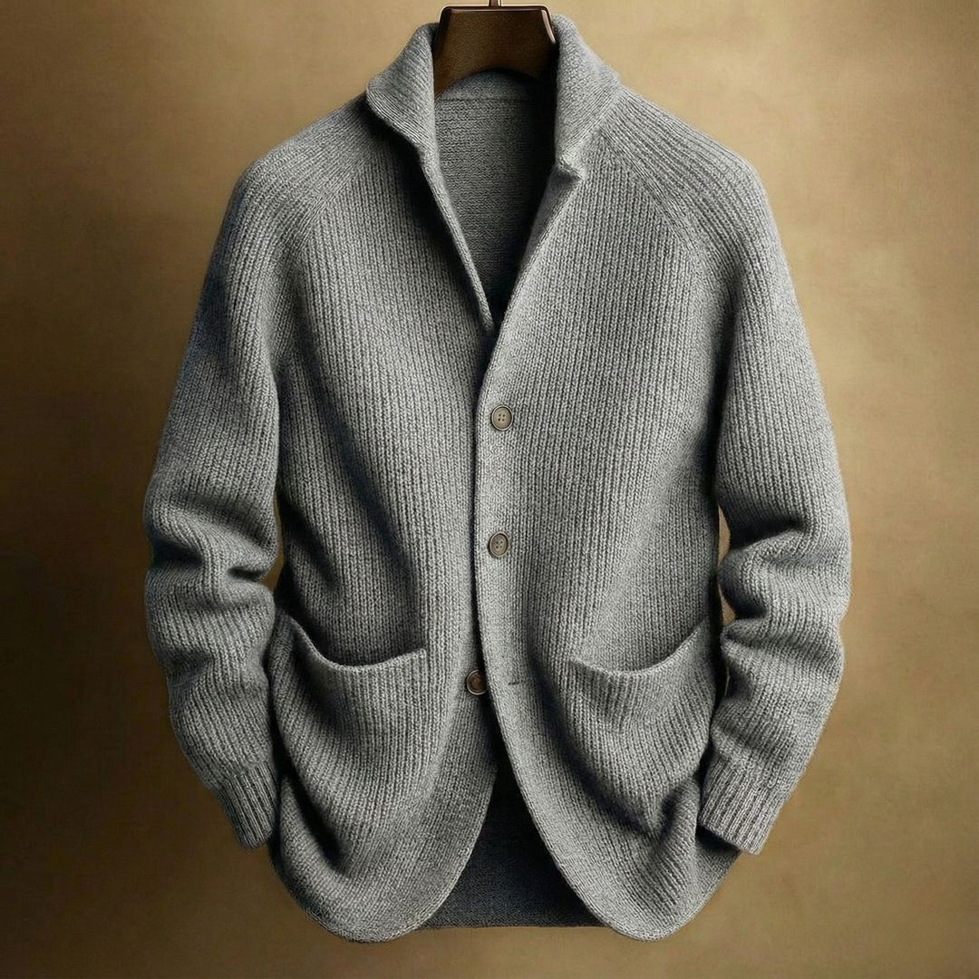 Mens grey gray  knitted cardigan on a brown background