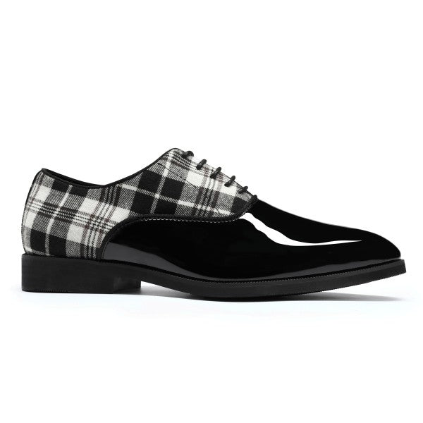 Mens Plaid Pointed Toe Patchwork Oxfords Shoes shiny black oxford shoes for men black plaid