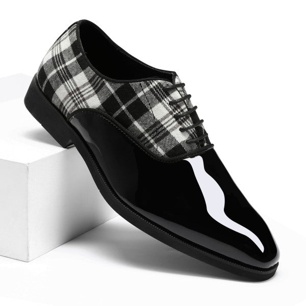 Mens Plaid Pointed Toe Patchwork Oxfords Shoes shiny black oxford shoes for men back plaid view black and white dress shoes for men 