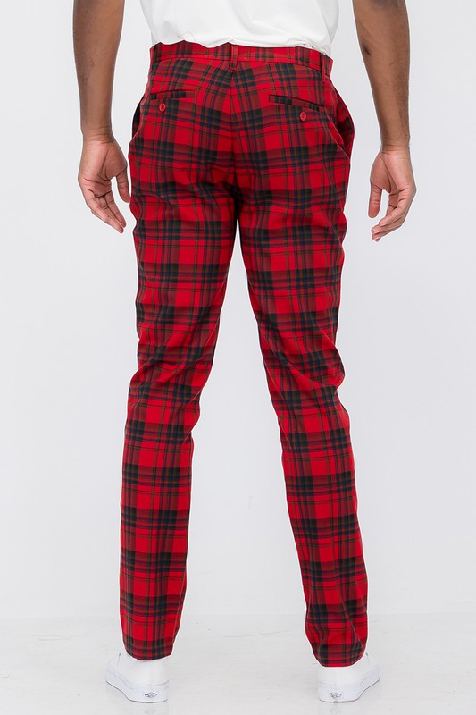 Plaid Trouser Pants
Button Fly Closure
Standard Pockets
Two Back Pockets with Button Closure
98% Polyester 2% Spandex
Slim Fit
Model is 5'11 wearing a 34" / Large

Mens Plaid Trouser Pants in red