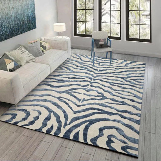 Multi Sizes Handmade Wool & Faux Silk Animal Print Zebra Area Rug Ivory Blue-0