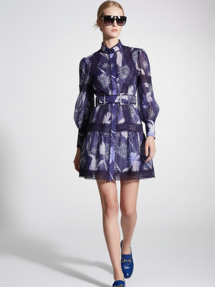 Midnight Blue Mini Dress with Snowflake Print and Guipure Lace • BYMANYC ® New York-2