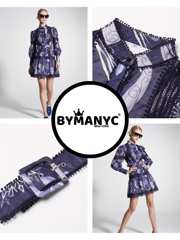 Midnight Blue Mini Dress with Snowflake Print and Guipure Lace • BYMANYC ® New York-3