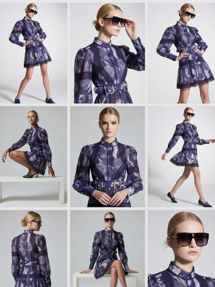 Midnight Blue Mini Dress with Snowflake Print and Guipure Lace • BYMANYC ® New York-1