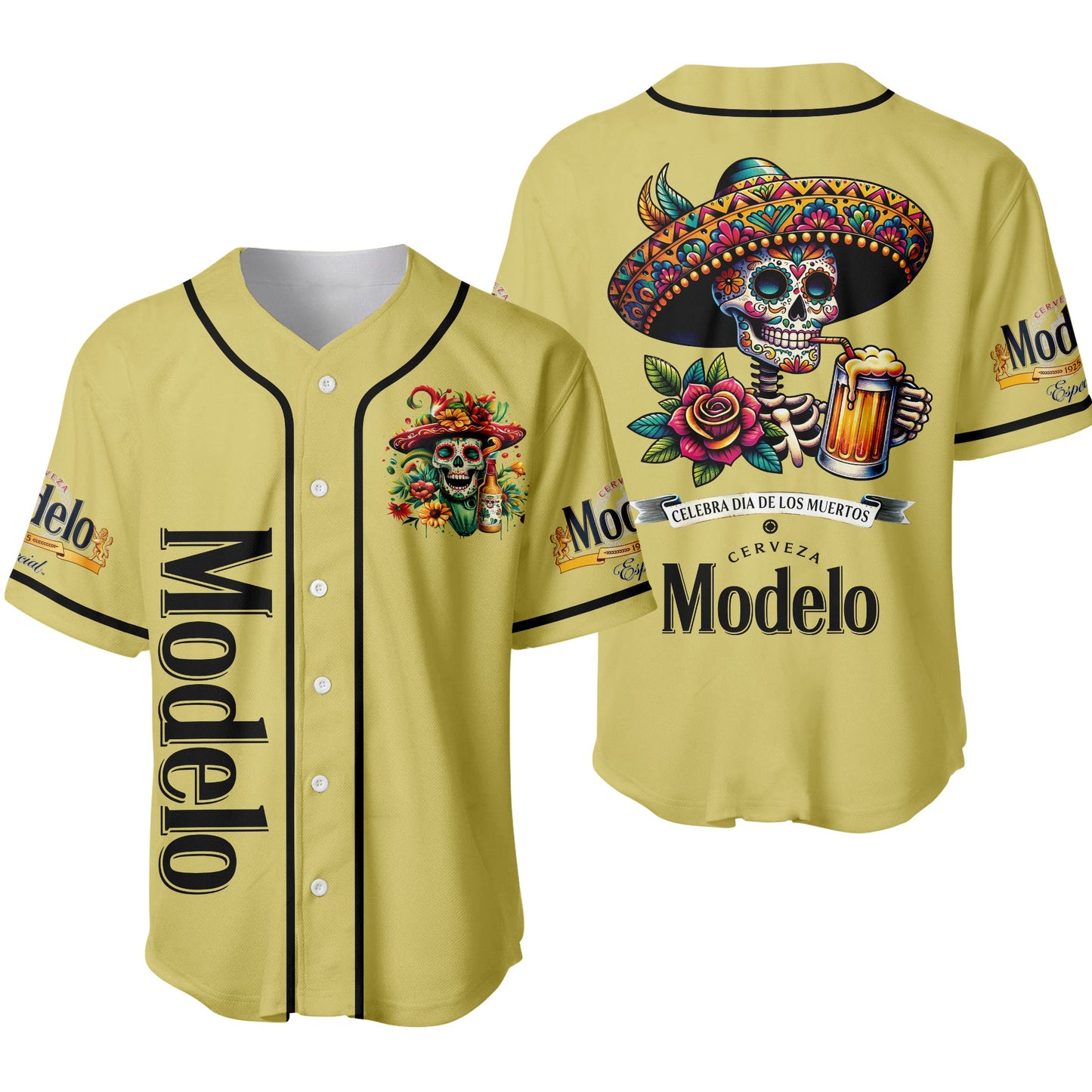 Día de los Muertos All-Black Skull Baseball Jersey – Modelo Negra Unisex Shirt