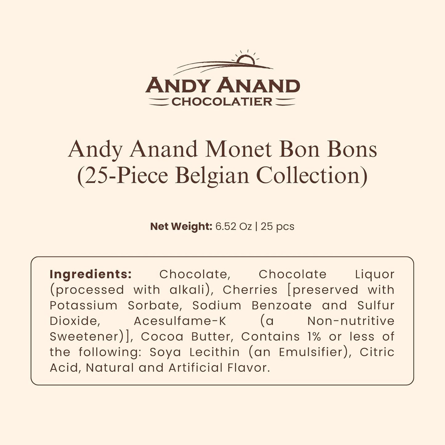 Andy Anand Monet Chocolate Bonbons Gift Box, 25 pc, 6.52 oz – Gluten-Free Belgian Truffles & Pralines, Birthday & Holiday Gift Collection