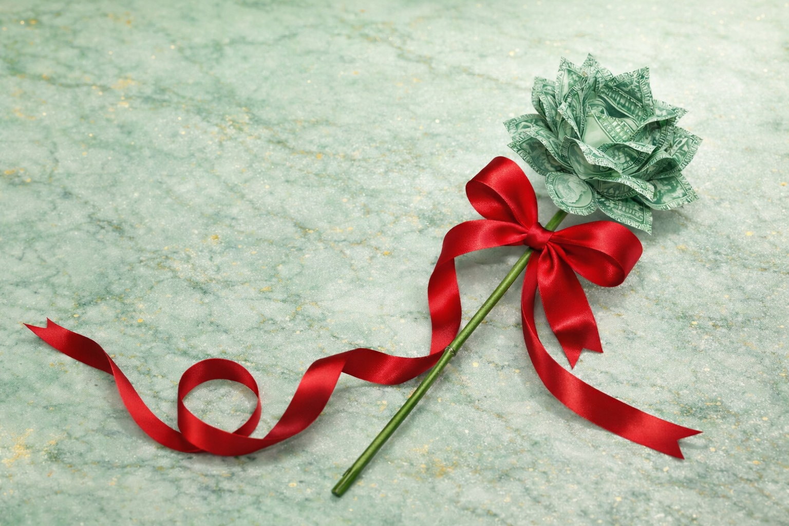 Money flower with a red ribbon on a textured green background Woman holding a bouquet of green flowers against a neutral background Green artificial rose with measurement details on a white  Origami-style money flower made from dollar bills on a white background Money flower made from dollar bills with a red ribbon 💎 LuxeByMimi — Signature Money Lotus Rose Servicebackground
