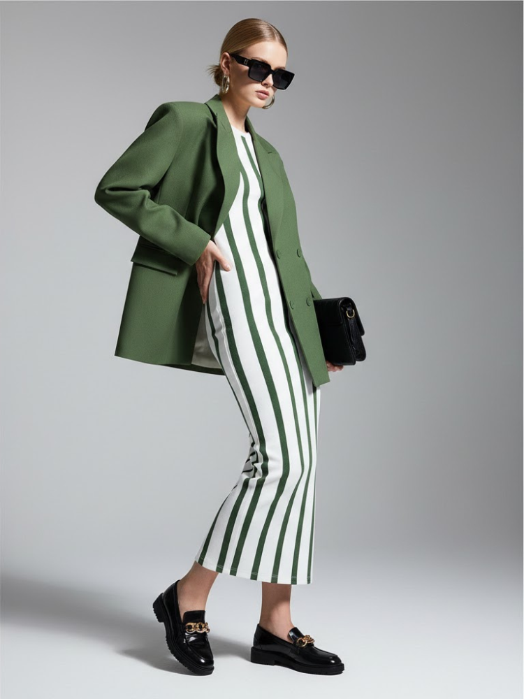 Moss Green Tailored Blazer with Double-Breasted Design • BYMANYC ® New York-1