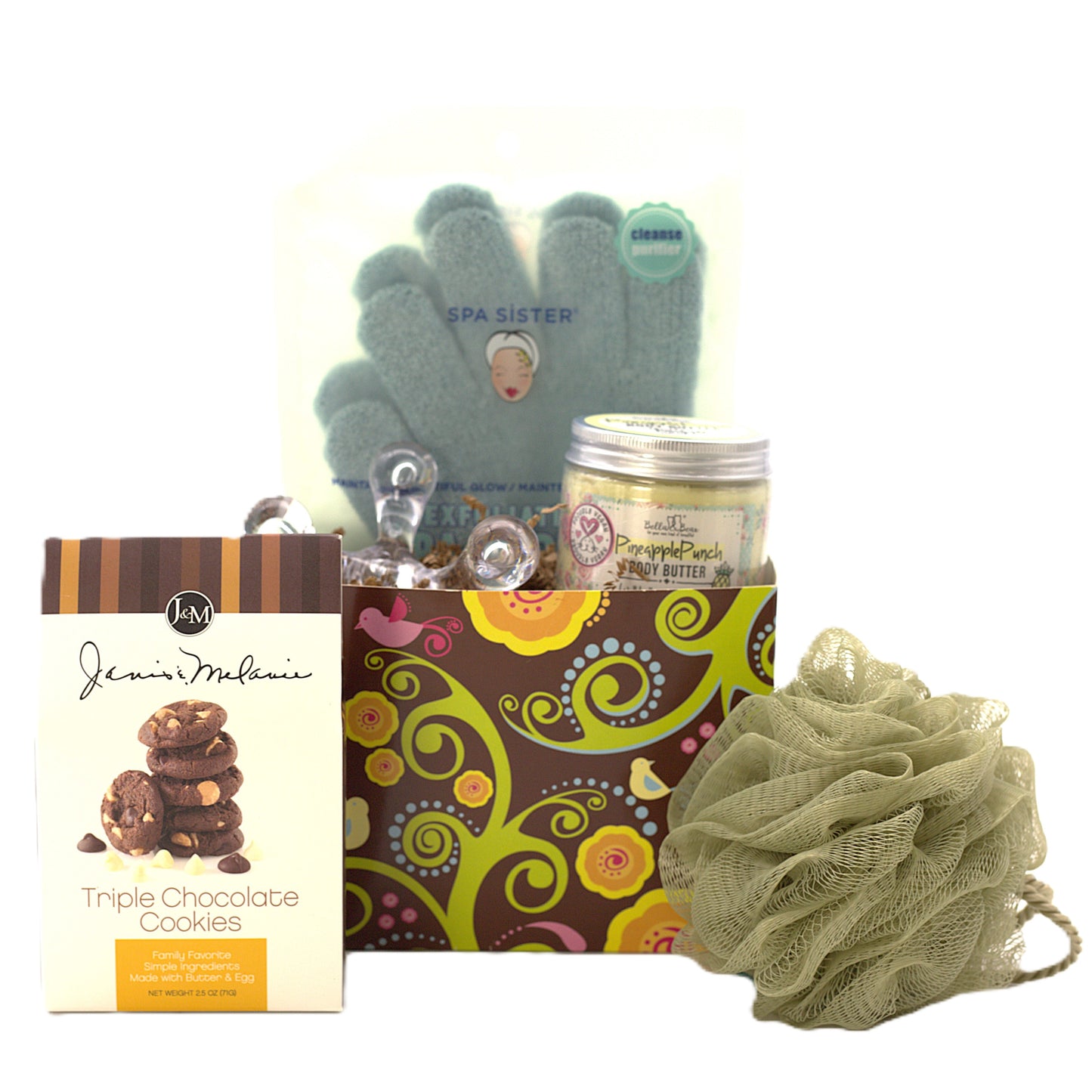 Gifting basket with cookies, bath items, and a candle on a white background