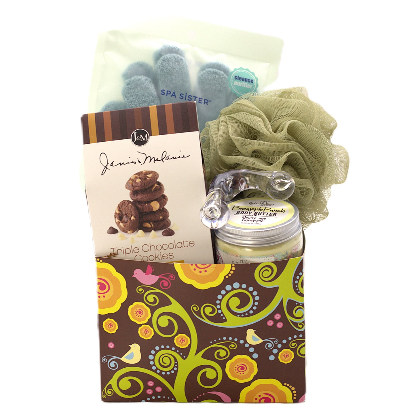 Gifting set with cookies, bath items, and a jar on a white background