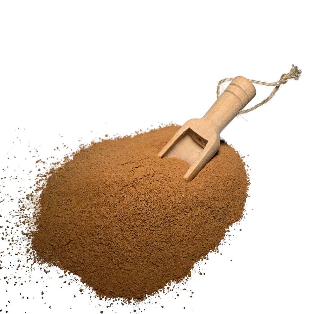 Wooden scoop with brown powder on a white background