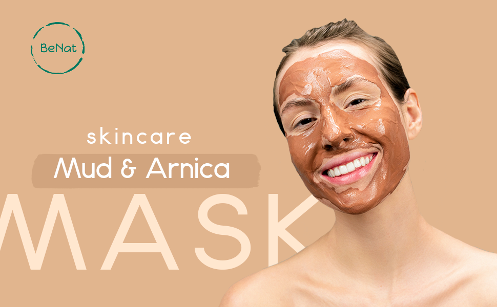 Person with mud and Arnica mask on face, BeNat skincare Mud & Arnica Mask branding