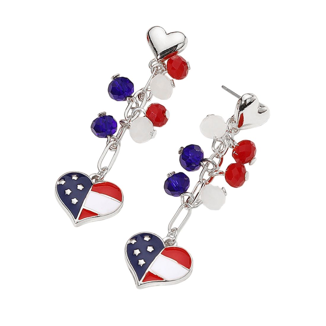 Enamel American USA Flag Heart Beaded Drop Chain Dangle Earrings