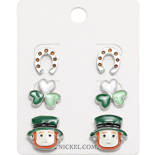 Enamel St Patricks Clover Leprechaun Horseshoe Stud Earring Set