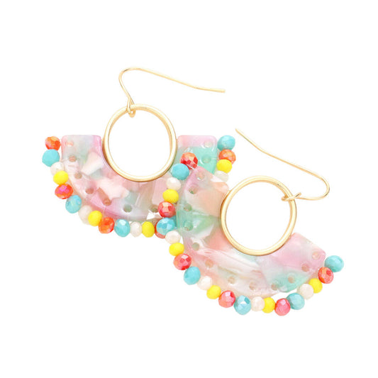 Half Round Celluloid Acetate Faceted Bead Trimmed Earrings