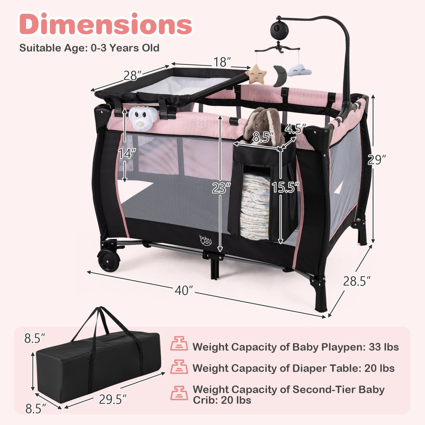 Baby Playpen with Changing Table and Bassinet - Pink